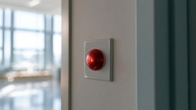White wall with a red push button on it. the push button is round and appears to be turned on. it is mounted on the wall and is in the center of the image.