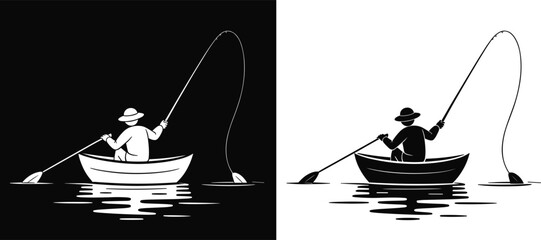 Fisherman in a boat casting a fishing line on black and white backgrounds Keywords: fishing, fisherman, boat, rowing, rod, line © Mannan