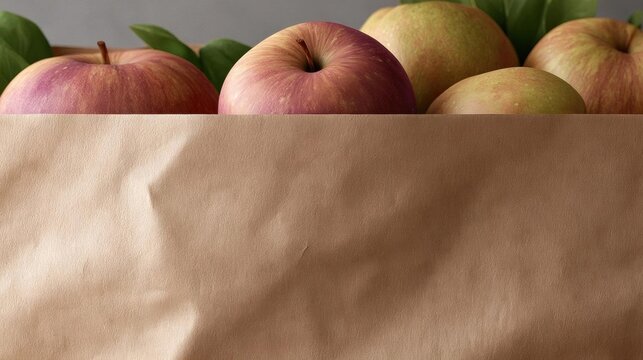 Group of apples in a brown paper bag. there are six apples in total, three of which are red and one is green. the apples are arranged in a way that they are facing towards the left side of the image.
