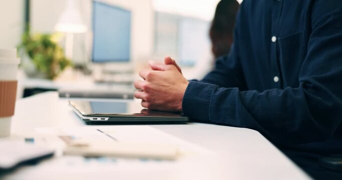 Done, hands and laptop with business person at desk in workplace for complete task or typing. Closing , computer and schedule with employee man in coworking office for end of assignment or job