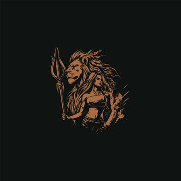 Mythological warrior woman standing with a trident spear alongside a roaring lion, hand-drawn engraving style vector illustration