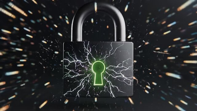 Digital padlock with glowing purple energy