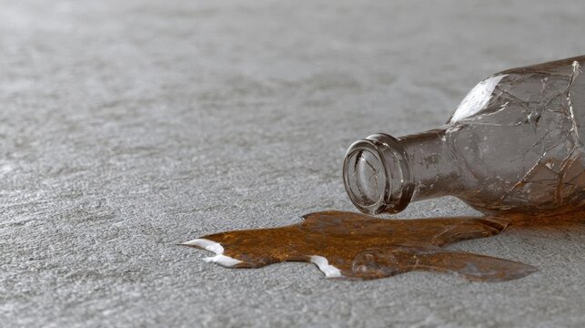 Broken glass bottle lying on a gray textured surface. the bottle appears to be empty and is lying on its side with its head resting on the ground.