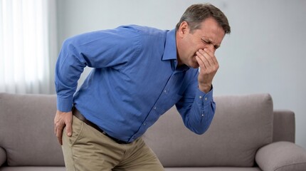 Fototapeta premium A middle-aged man in a blue shirt and tan pants is holding his nose and grimacing, suggesting he is experiencing an unpleasant smell or odor.