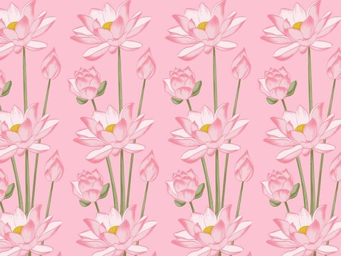 Seamless pattern featuring pink lotus flowers (Nelumbo nucifera) against a matching pink background. Flowers are shown in full bloom with yellow centers and large petals, accompanied by green stems an
