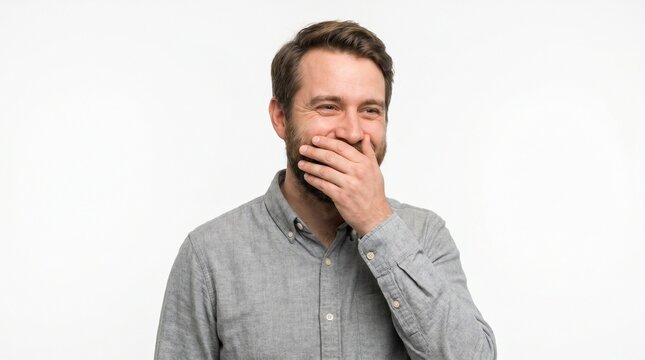 A bearded man in a grey collared shirt is laughing heartily, covering his mouth with his hand.