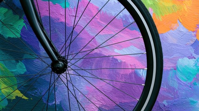 Close-up of the front wheel of a bicycle. the wheel is black and has a silver rim. the spokes of the wheel are visible and appear to be made of metal.