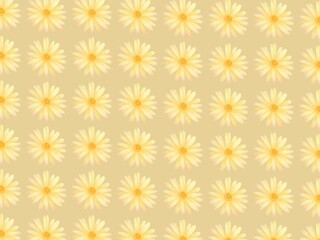 Seamless pattern featuring yellow daisies with bright, rounded petals and orange centers repeated in a grid arrangement. The background is beige, creating a soft contrast with the vivid floral motifs. © ALEXO444
