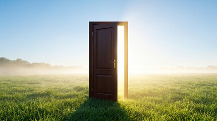Fototapeta premium Dark office door standing slightly ajar in a sunlit green meadow, representing healthy work-life balance and new career opportunities