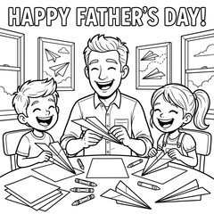 Fototapeta premium Happy Fathers Day coloring page father and kids make paper airplanes