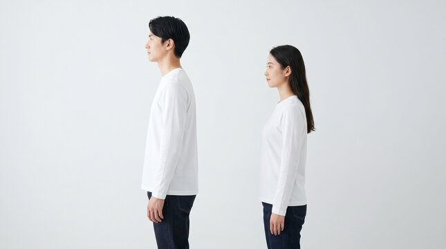 A man and a woman stand side-by-side, facing the same direction against a plain white background.