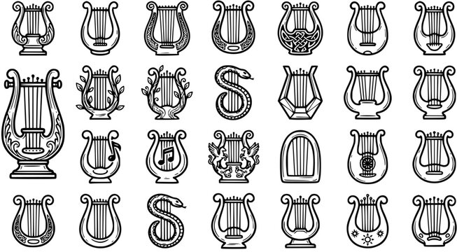Music Industry Lyre and Harps Black and White Line Art Icons. Ancient Musical Instruments Vector Outline Set for Greek Mythology and Cultural Themes.