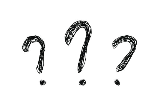 Three messy hand-drawn question marks with thin scribbled lines on transparent background. Chaotic sketch style. Perfect for confusion, doubt, or FAQ concepts.
