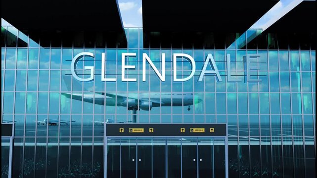 Airlane landing at Glendale, USA. Arrival in the city with reflection of airport and aircraft