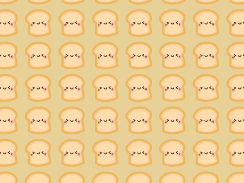 A seamless pattern featuring cute, cartoon slices of bread on a light brown background. Each slice has a simple face with closed eyes and pink blush marks. The design repeats uniformly across the imag