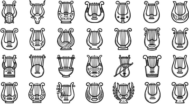 Black and White Line Art Lyre Icon Set: Ancient Musical Instruments and Cultural Symbols