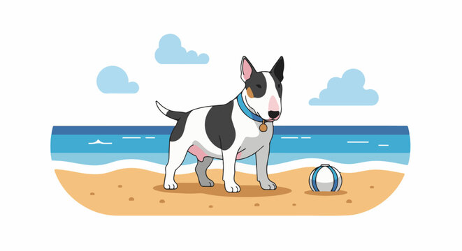 A bull terrier stands on a sandy beach with a striped ball nearby