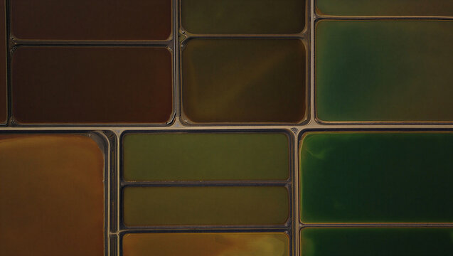 Down aerial view of rectangular salt evaporation ponds with varying shades of green, brown, and dark water creating a geometric pattern