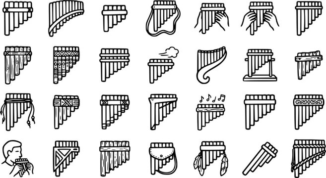 Pan Flute and Panpipes Musical Instrument Icons Set. Diverse Collection of Traditional Wind Instruments in Black and White Line Art Style for Music and Culture Design.