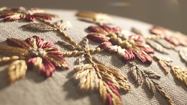 Macro shot of satin stitch gold and crimson floral embroidery on textured linen fabric