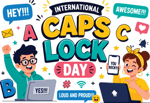 International Caps Lock Day flat vector illustration featuring cheerful cartoon characters sending oversized uppercase messages through laptops and smartphones