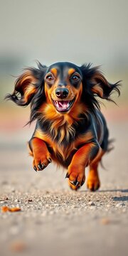 Long-haired dachshund running in place with paws barely touching the ground, running, dachshund