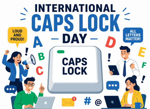International Caps Lock Day flat vector illustration featuring a giant keyboard key labeled "CAPS LOCK"
