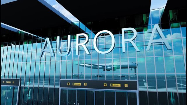 Airlane landing at Aurora, USA. Arrival in the city with reflection of airport and aircraft