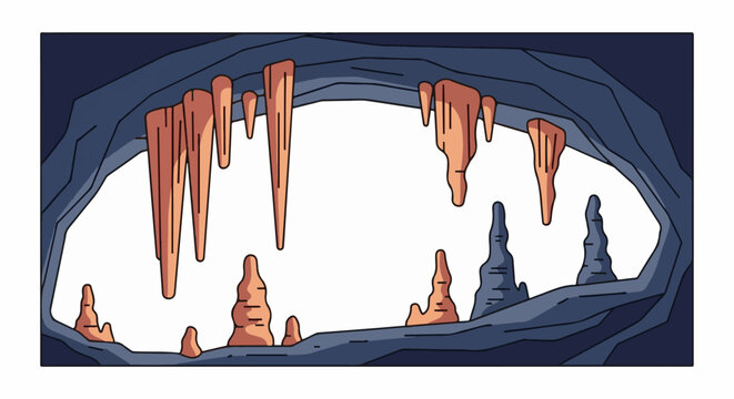 A cartoon cave interior with stalactites hanging and stalagmites rising