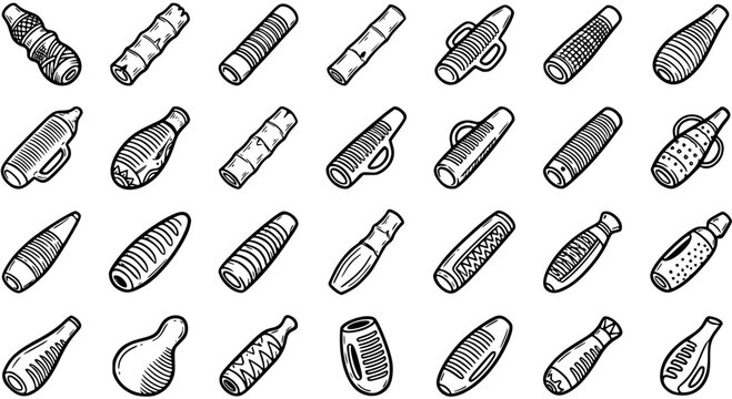Black and White Line Art Icons Collection of Varied Textured Pet Chew Toys, Baby Teethers, and Ergonomic Shakers