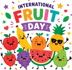 Fototapeta premium International Fruit Day flat vector illustration featuring adorable smiling fruits including apple, banana, orange, watermelon, pineapple, strawberry, grape, and pear characters