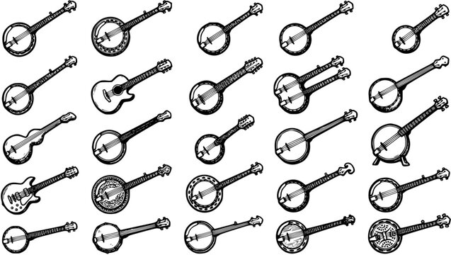 Black and White Line Art Music Industry Hand-Drawn Banjo and Guitar Instruments Seamless Pattern