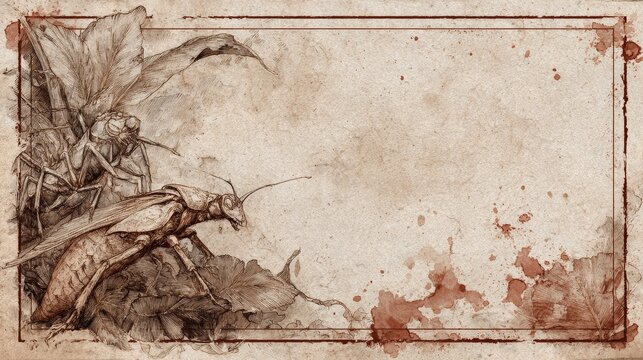 A4 RPG scenario page with mutant carnivorous plant, insect, and reptile illustrations on white background, post-apocalyptic grunge style with dark stains and thin 5mm border