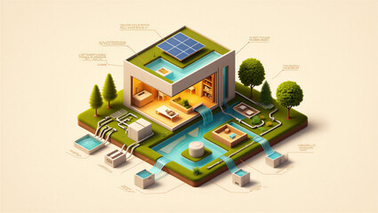 Isometric 3d of an eco-friendly house with solar panels, water recycling systems, and green gardens on a light beige background © abdur samad