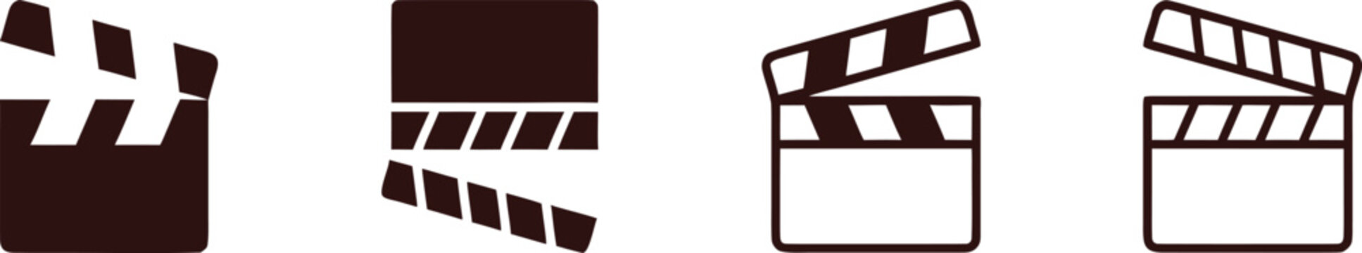 Movie Clapperboard Icons Collection Set. Film Production Outline and Solid Symbols. Cinema Video Slate Vector Elements for Media Editing and Entertainment Design.