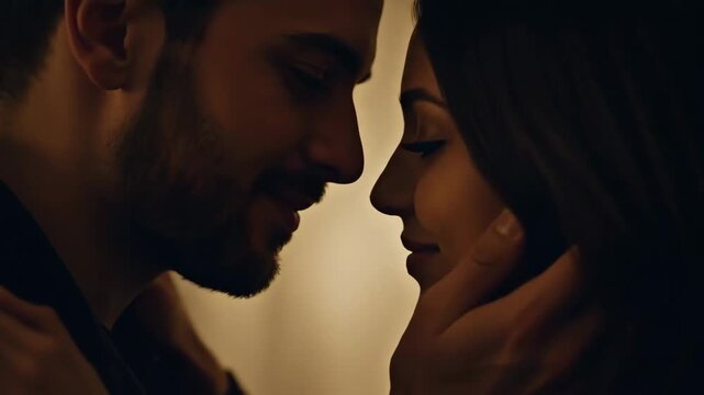 A close up shot of a man and a woman in a tender moment of romantic intimacy