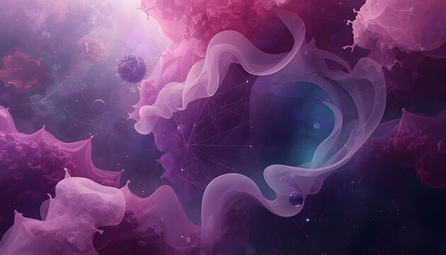 Abstract Amaranth Pink and Dark Purple Surreal Dreamscape: Fluid Organic Cells, Geometric Network Lines, and Ethereal Nebula Texture with Copy Space for Futuristic Biotechnology, Cyber Sci-Fi, and Imm