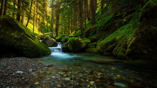 Small stream flowing over smooth rocks through a lush green forest with sunlight filtering through the tall pine trees in the woods