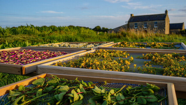 Wooden drying racks filled with harvested herbs and flower petals placed in a green field with a stone farmhouse in the background, at sunset