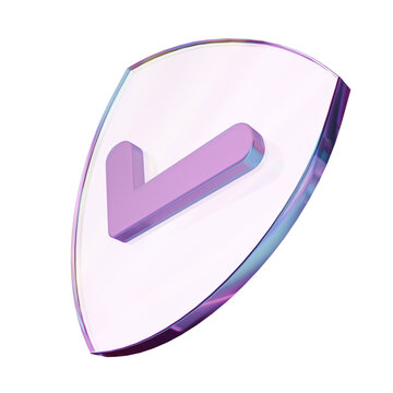 Security shield with checkmark icon, 3D render of transparent glass protection symbol with purple tick mark for data privacy, cybersecurity, insurance, and verified safety guarantee