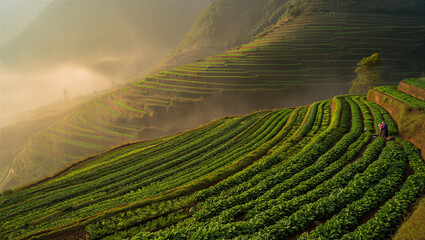 Terraced green vegetable fields on steep mountain slopes in vietnam during a misty golden sunrise with soft light and lush foliage textures © abdur samad
