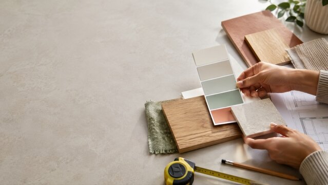 Interior Design Samples and Measuring Tools on Floor for Renovation