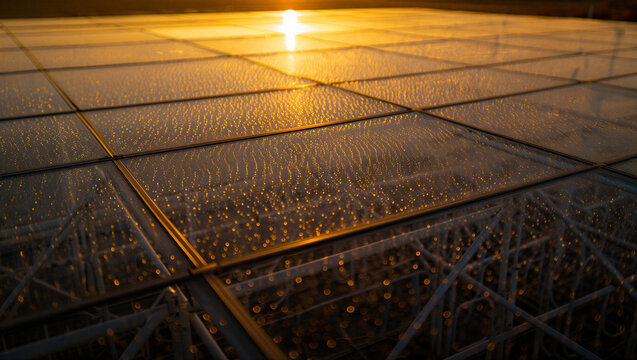 Close up of a glass greenhouse roof covered in water droplets reflecting a warm golden sunset light with a structural metal grid framework