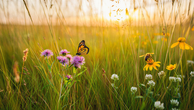 Monarch butterfly resting on purple wildflowers in a sunlit meadow with a bee nearby, surrounded by tall green grasses and white clover flowers