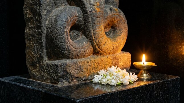 Ancient stone carved snake deity sculpture on black granite platform with burning brass diya and white jasmine flowers, dark moody Nag Panchami festival concept, commercial stock photo