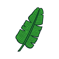 Logo paraíso tropical. Dibujo minimalista con líneas y relleno de color verde de una hoja de plátano © teracreonte