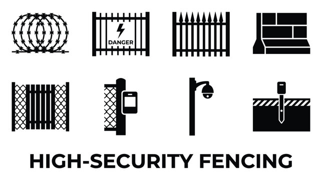 High security fencing set with barbed wire fence danger sign spiked fence brick wall gate and camera vector.
