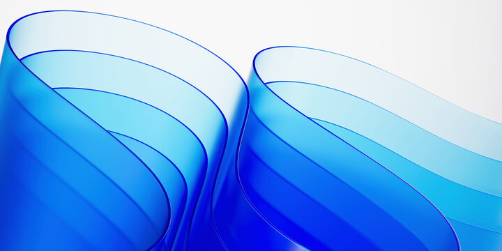 Blue transparent glass shapes - abstract geometric pattern. Futuristic background with reflections, transparency, clean lines. 3D illustration
