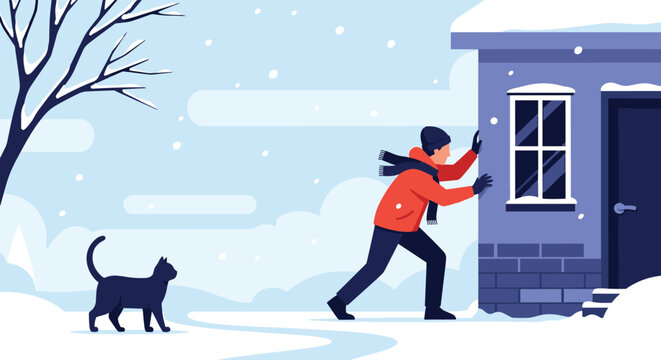 Man in winter clothes knocks on the door of a house during a snowstorm while a black cat walks nearby in the snowy garden.
