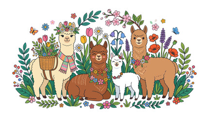 Naklejka premium Happy Alpaca Family in Blooming Spring Garden Illustration
